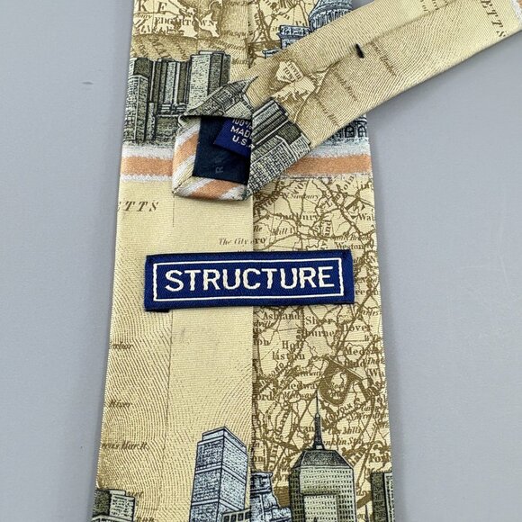 Structure Beige Map & City Landscape Men's Tie 3 3/4" x 58 1/2" Vintage - Picture 4 of 4